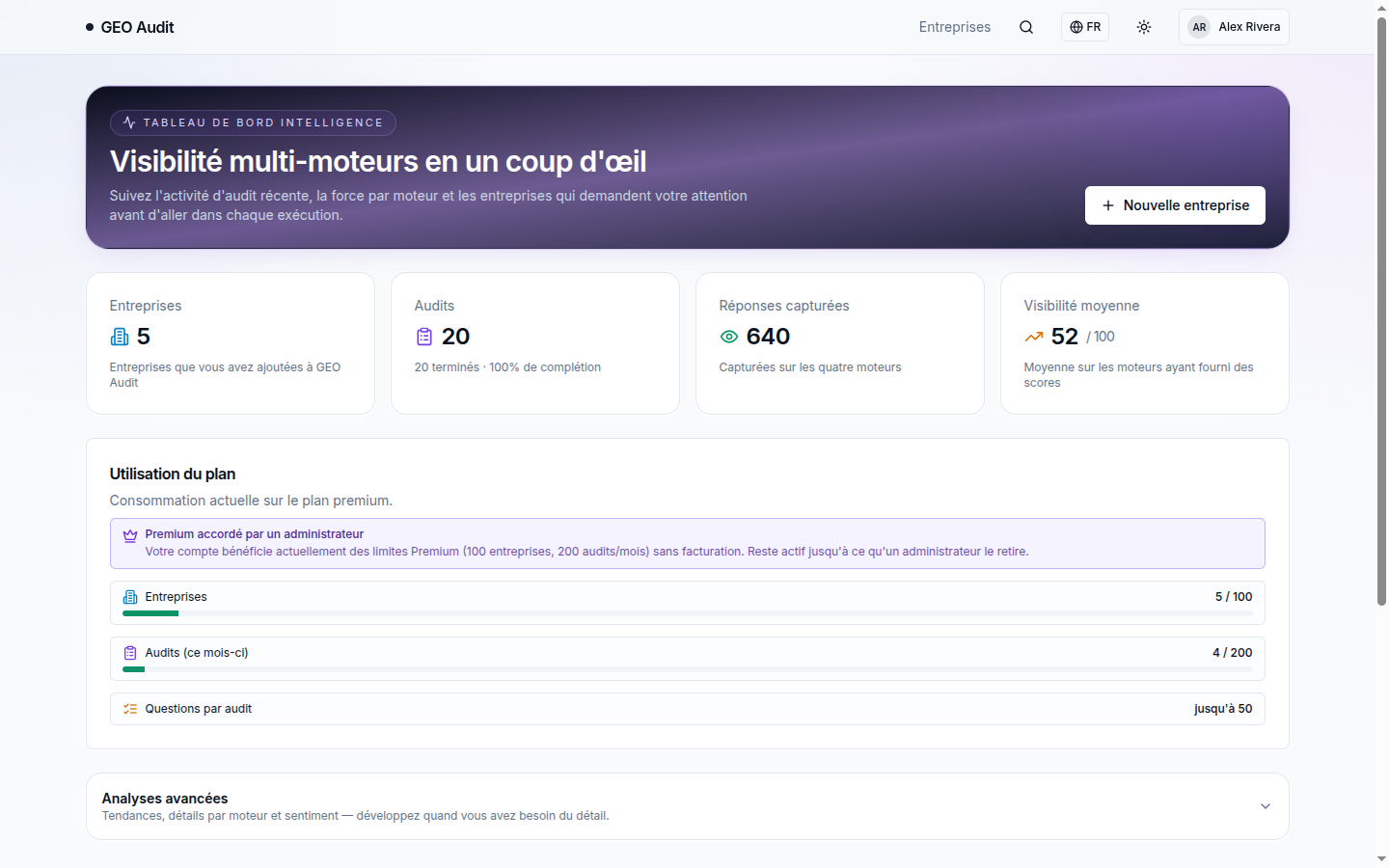 Tableau de bord Reckomenda : visibilité de marque sur plusieurs moteurs